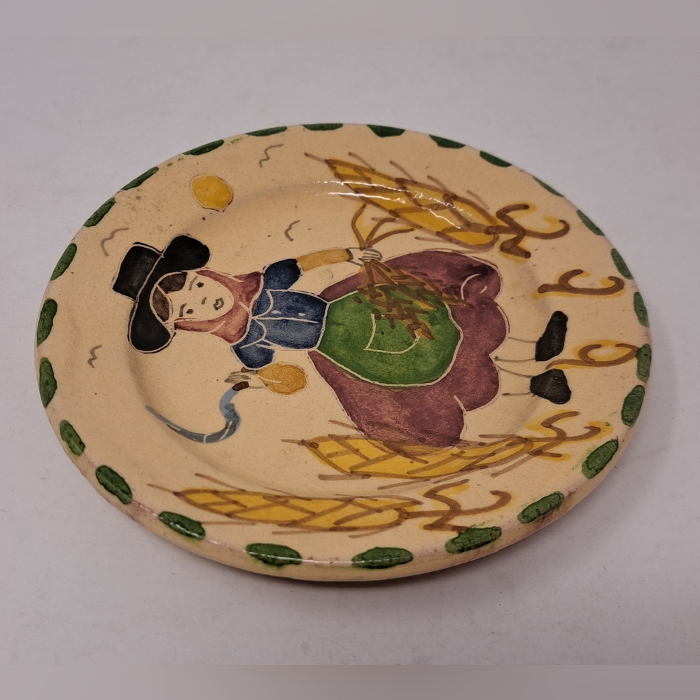 Pirraca Redondo Portugal Pottery Plate Women Farmer Ethanware Terracotta 5.5" - Picture 2 of 6